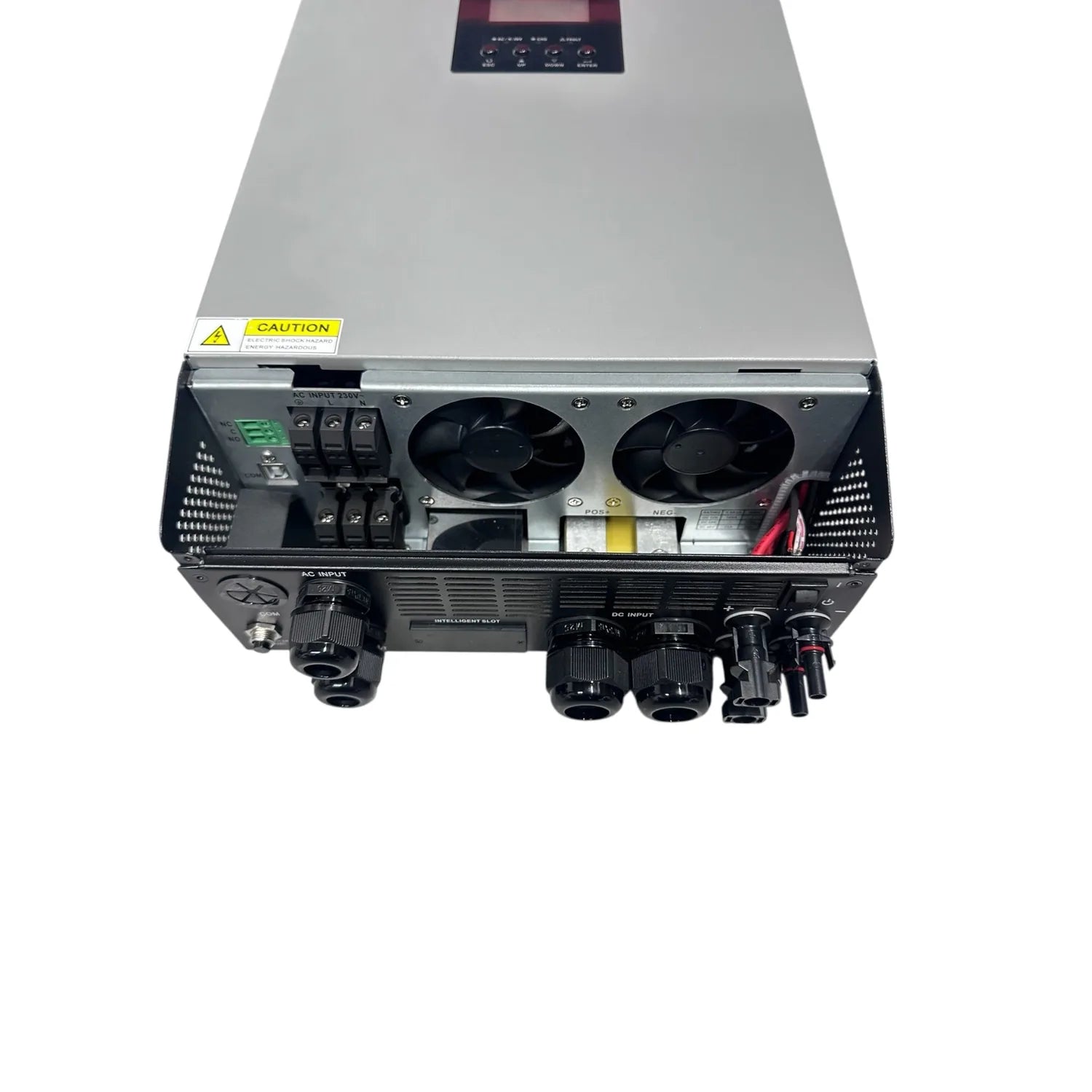 Conversol 1200W 12V solar inverter shown from rear angle displaying dual cooling fans, AC input connector, and multiple termi