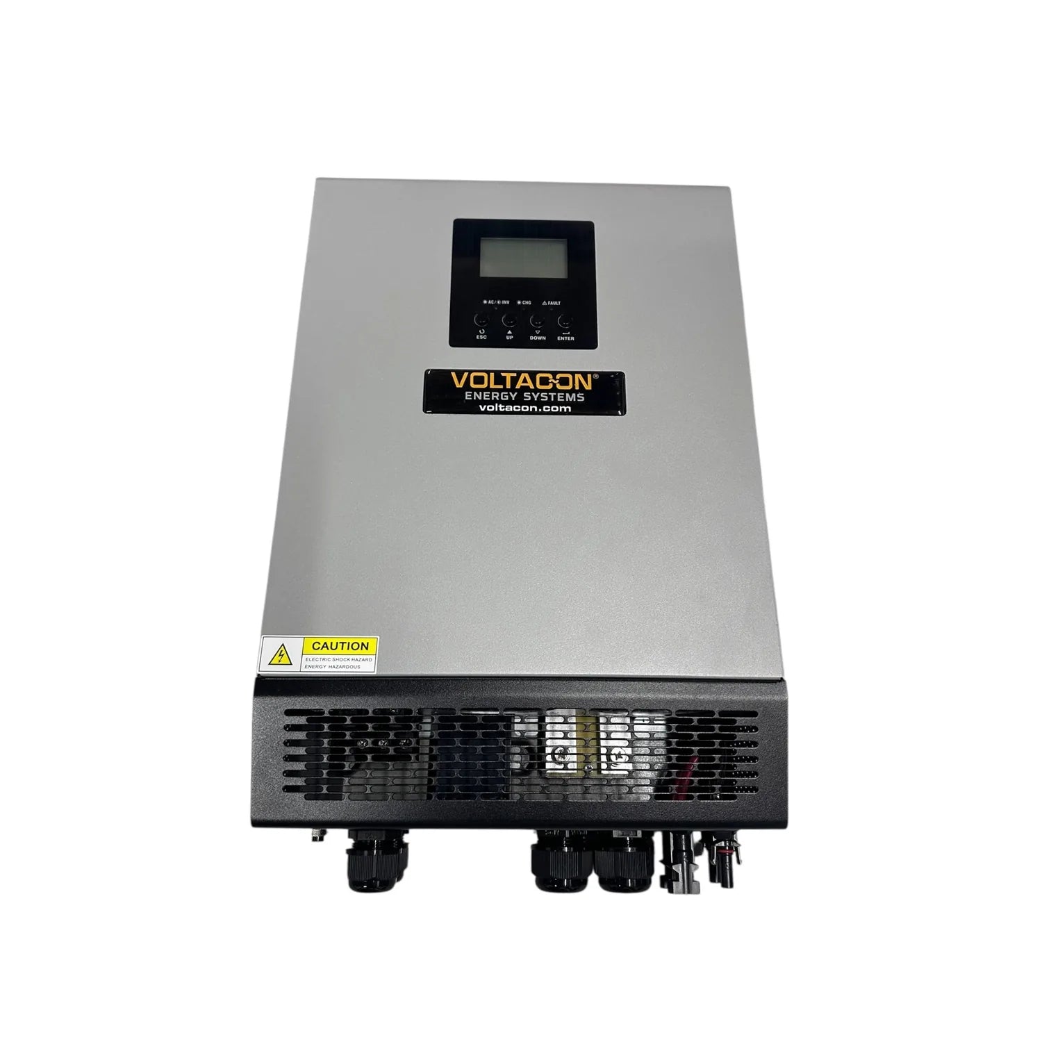 Voltacon Energy Systems 1200W 12V pure sine wave inverter with digital display and black ventilated base, front view.