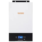 Voltagon off-grid inverter with white upper panel and black control base featuring blue LCD display and operation buttons.