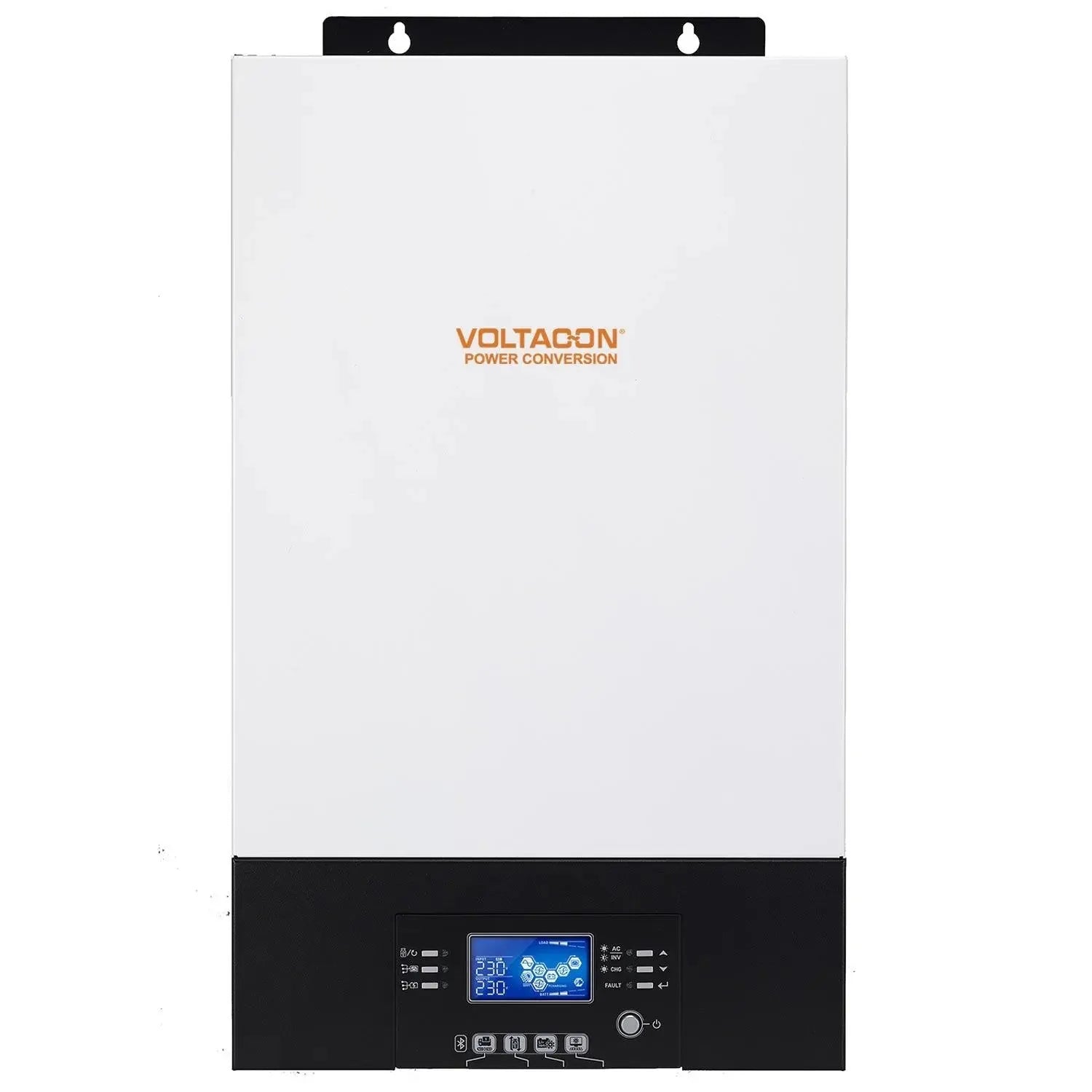 Voltagon off-grid inverter with white upper panel and black control base featuring blue LCD display and operation buttons.