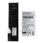 Black inverter charger unit with ventilation grille and product label, alongside specification sheet showing AXPERT KING 5KW 