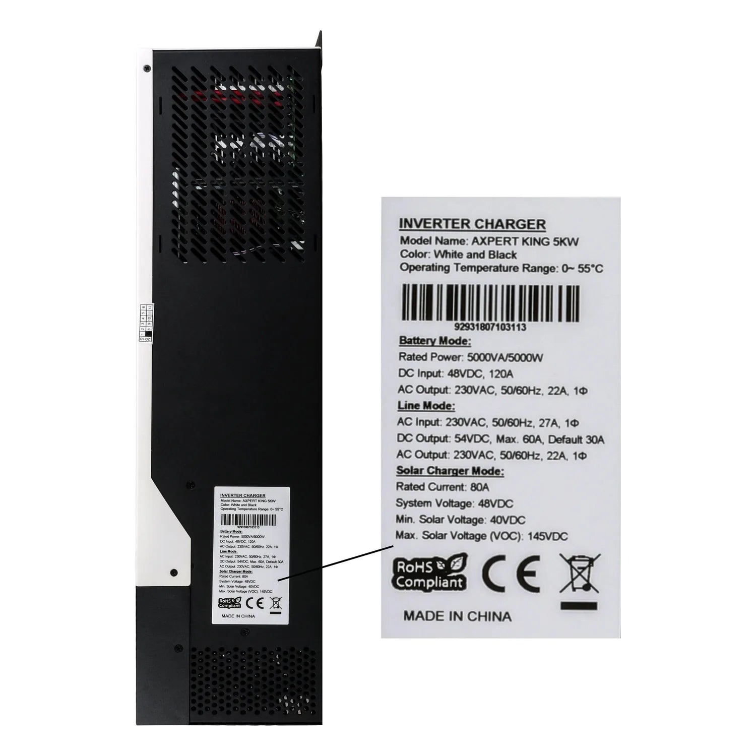 Black inverter charger unit with ventilation grille and product label, alongside specification sheet showing AXPERT KING 5KW 