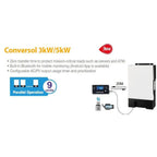 Conversol 3kW/5kW inverter product diagram showing device specifications, parallel operation capability for up to 9 units, an