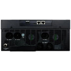 Back panel of black inverter with dual cooling fans, AC/DC input ports, breaker switch, network connectors, and terminal bloc