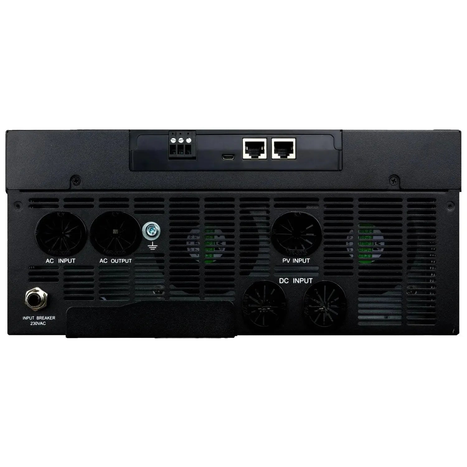 Back panel of black inverter with dual cooling fans, AC/DC input ports, breaker switch, network connectors, and terminal bloc