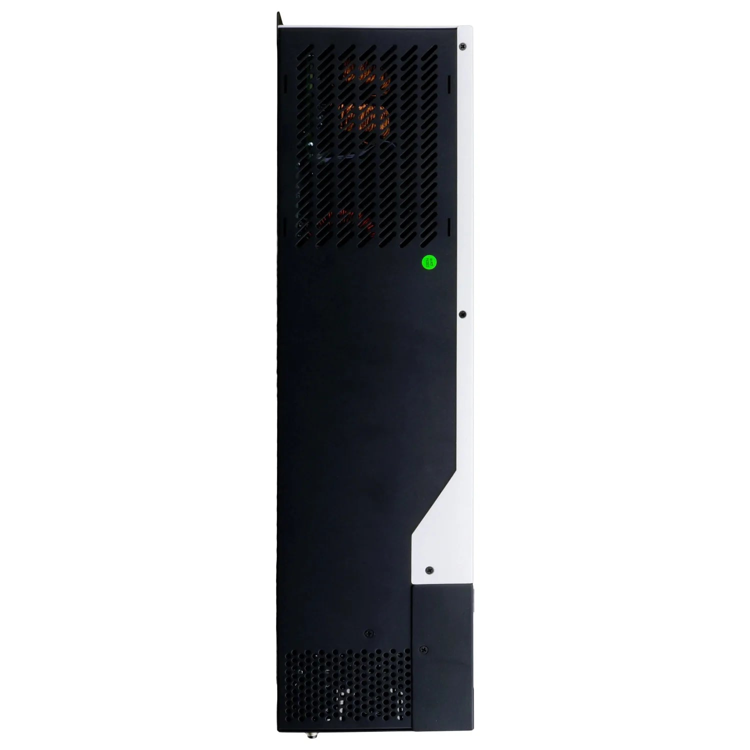 Tall black and white inverter unit with ventilation grille at top, orange LED display, green power indicator light, and perfo