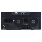 Rear view of black inverter charger showing AC input and output fans, DC input fans, PV input terminals with green connectors