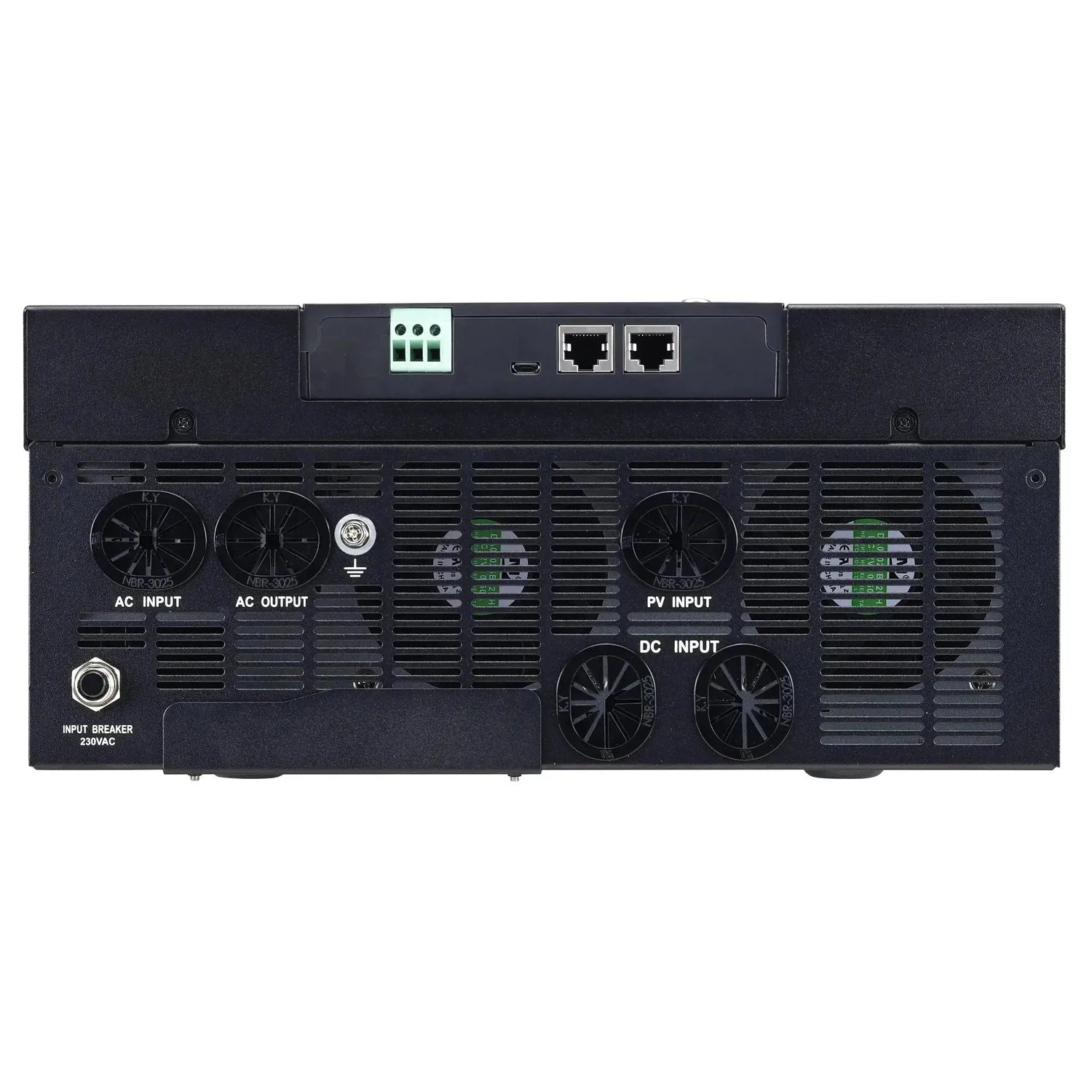 Rear view of black inverter charger showing AC input and output fans, DC input fans, PV input terminals with green connectors