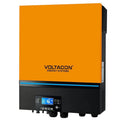 Voltagon Energy Systems orange and black wall-mounted inverter with blue display screen and control panel.