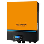 Voltagon Energy Systems orange and black wall-mounted inverter with blue display screen and control panel.
