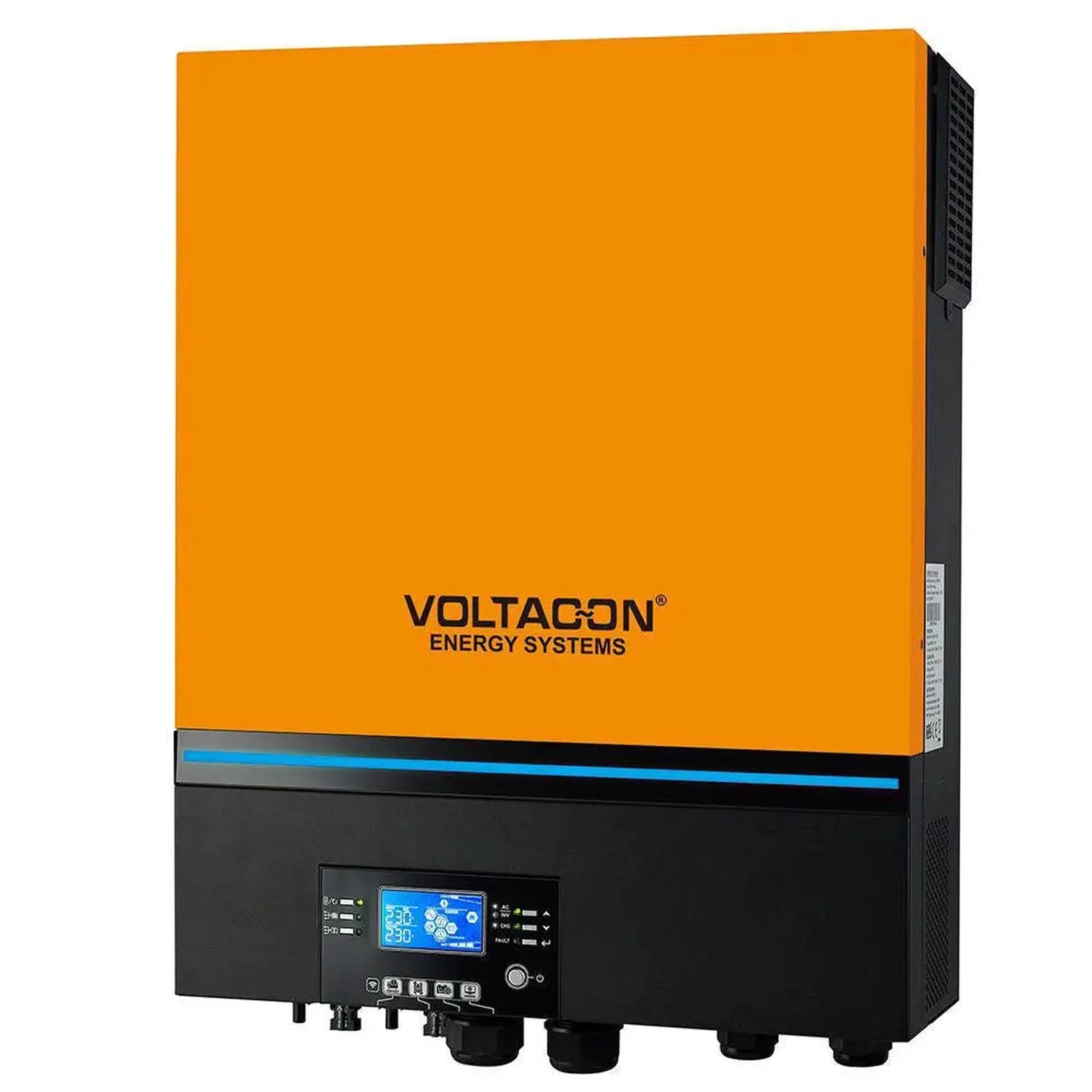 Voltagon Energy Systems orange and black wall-mounted inverter with blue display screen and control panel.