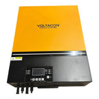 Voltagon Energy Systems 8kW inverter charger with yellow top panel, black control interface with LCD display and buttons, mou