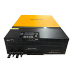 Voltacon 8kW off-grid inverter charger with yellow top panel, black housing, LCD display, network ports, and DC cable connect