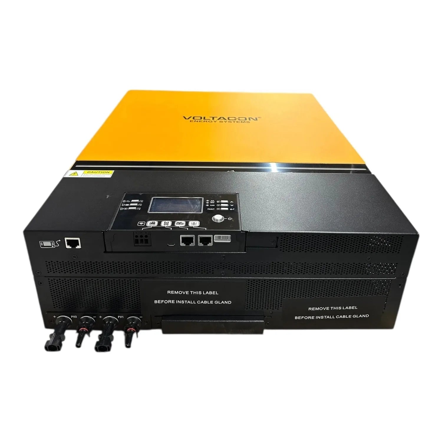 Voltacon 8kW off-grid inverter charger with yellow top panel, black housing, LCD display, network ports, and DC cable connect