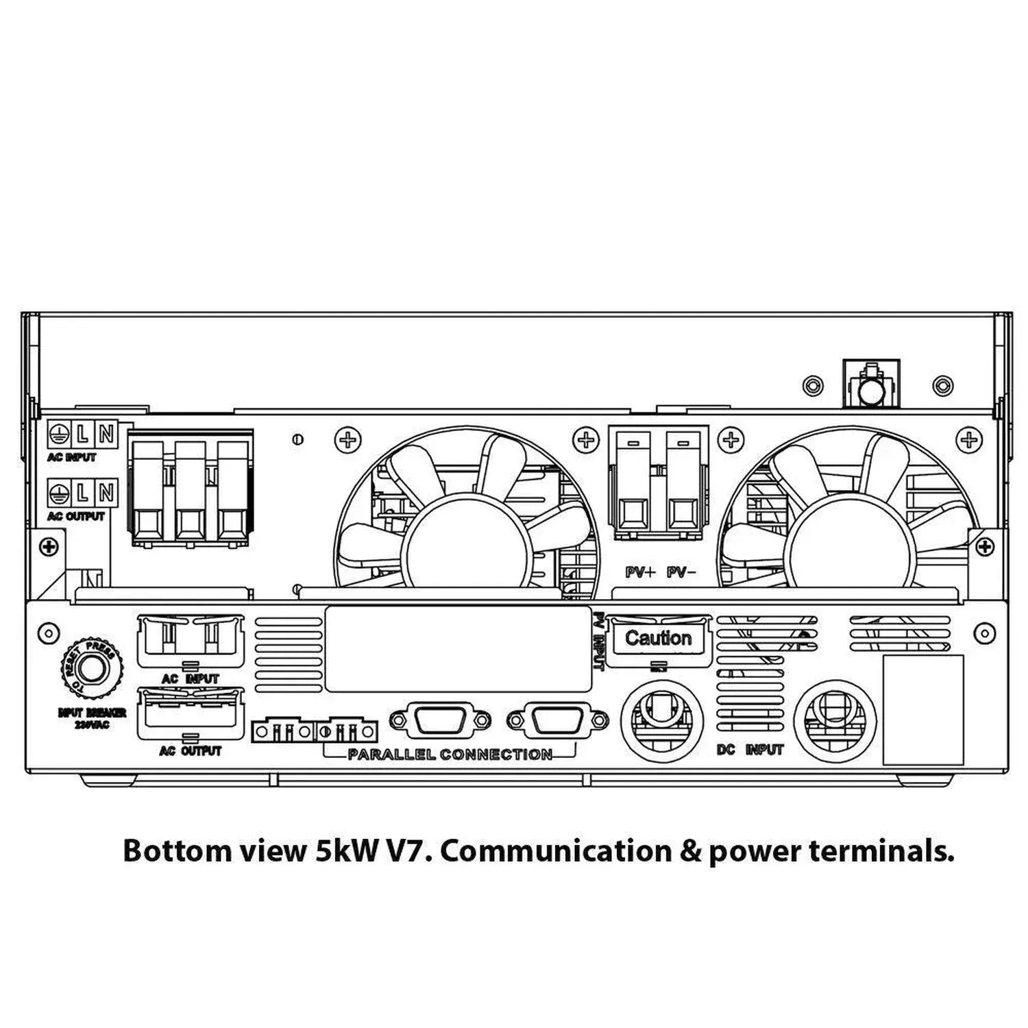 Technical schematic diagram of 5kW V7 inverter showing bottom panel with AC input/output terminals, dual cooling fans, parall