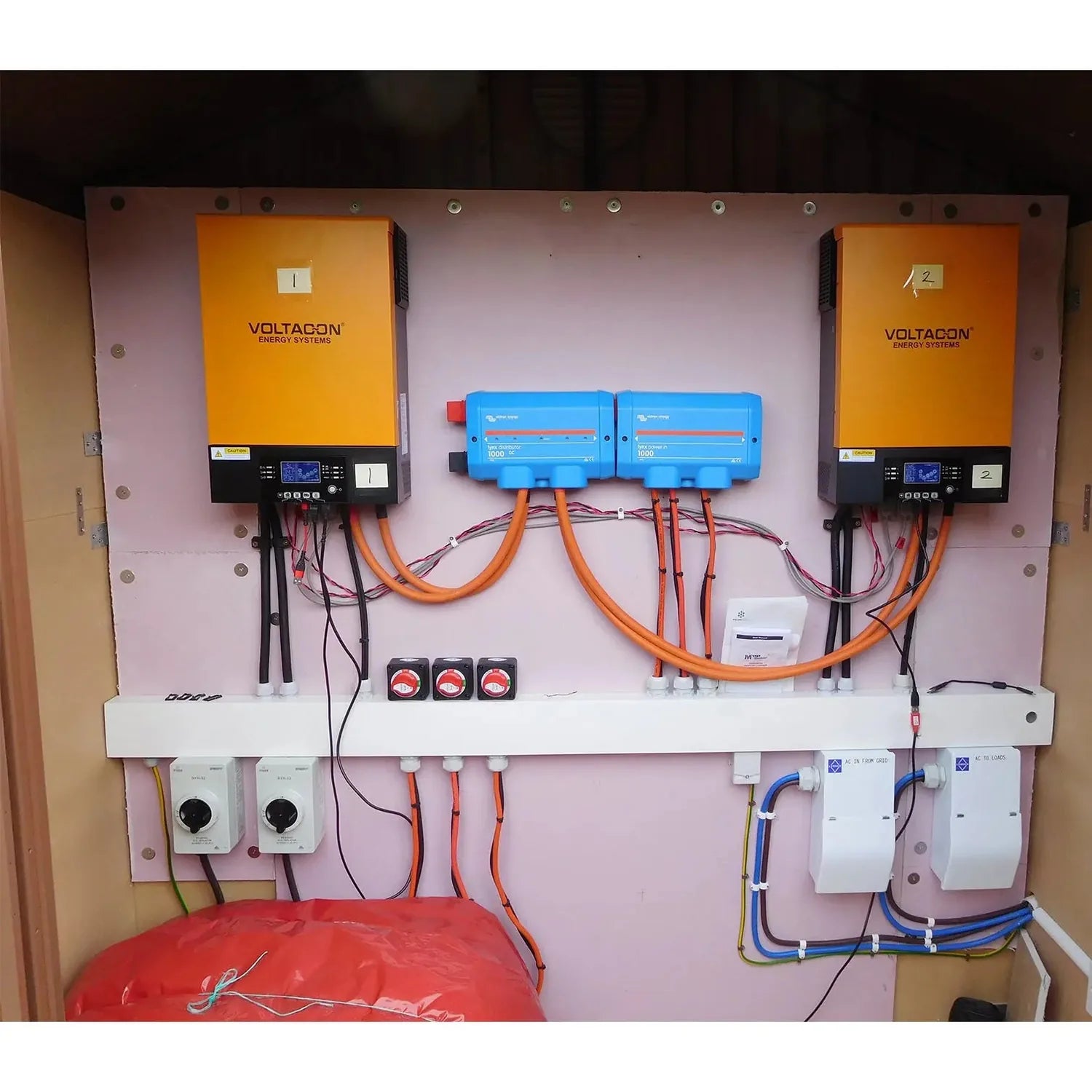 Solar energy system installation with two Voltagon inverters, blue charge controllers, and safety disconnects mounted on pink