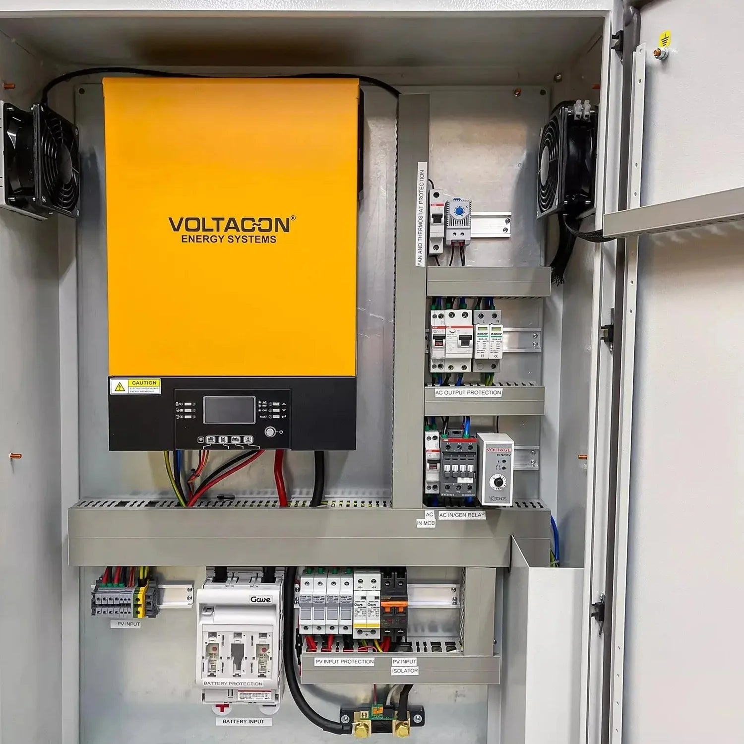Voltacon Energy Systems 5kW solar inverter charger installed in metal enclosure with battery protection, AC output protection