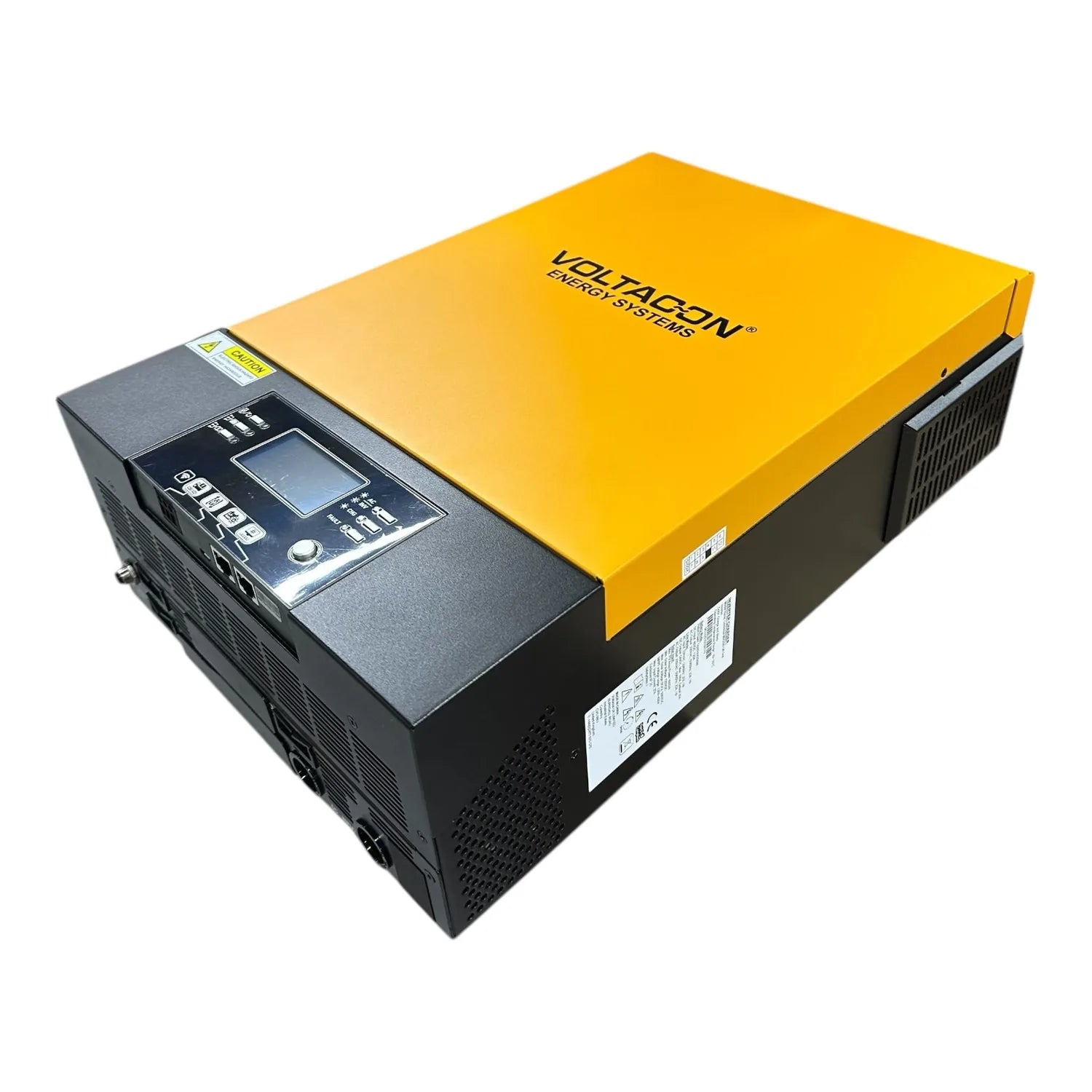 Voltacin Energy Systems off-grid solar inverter charger with yellow top panel and black base unit featuring control display p