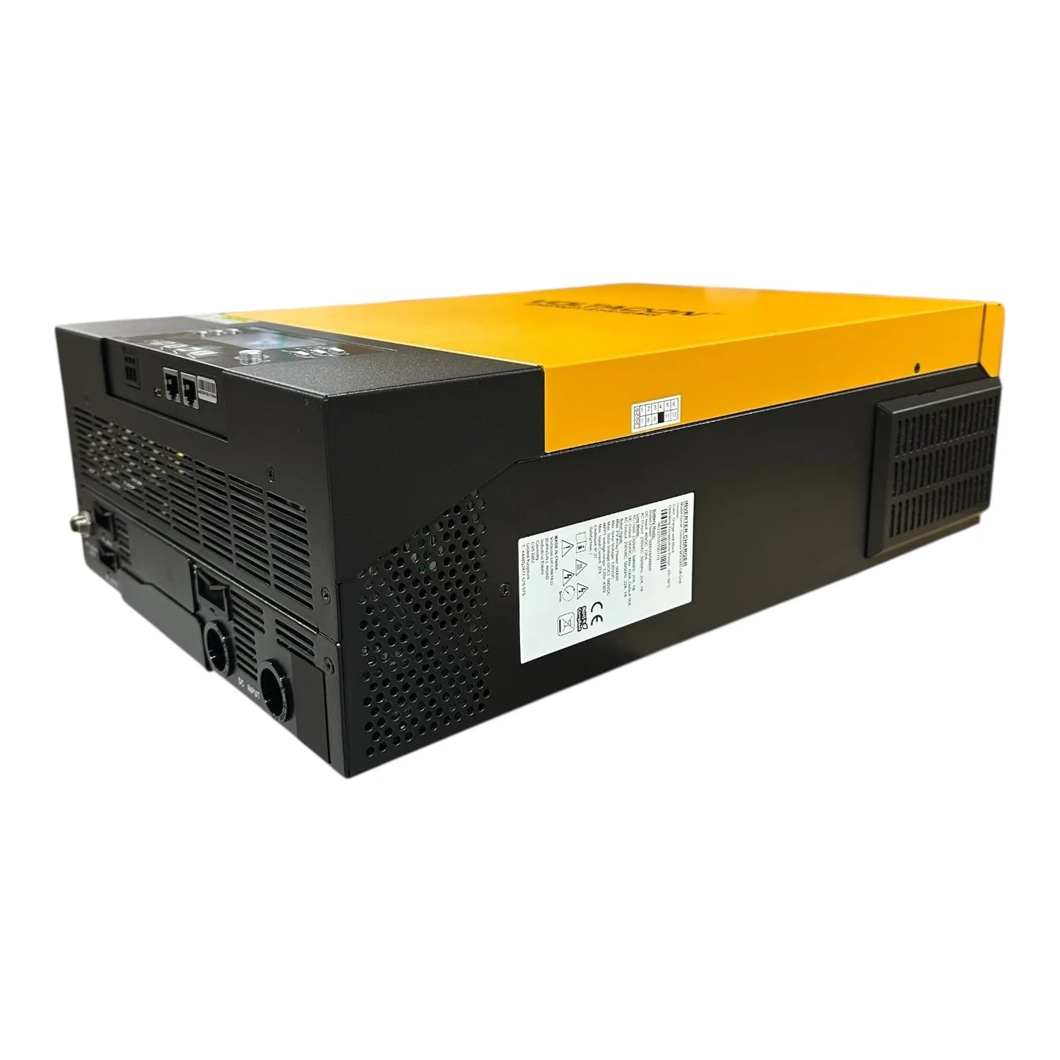 Conversol V7 5kW solar inverter charger with yellow top cover and black casing, showing front panel with ventilation grilles 