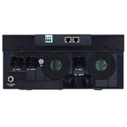 Rear view of black rectangular inverter showing cooling fans, AC and PV input terminals, DC input connections, network ports,