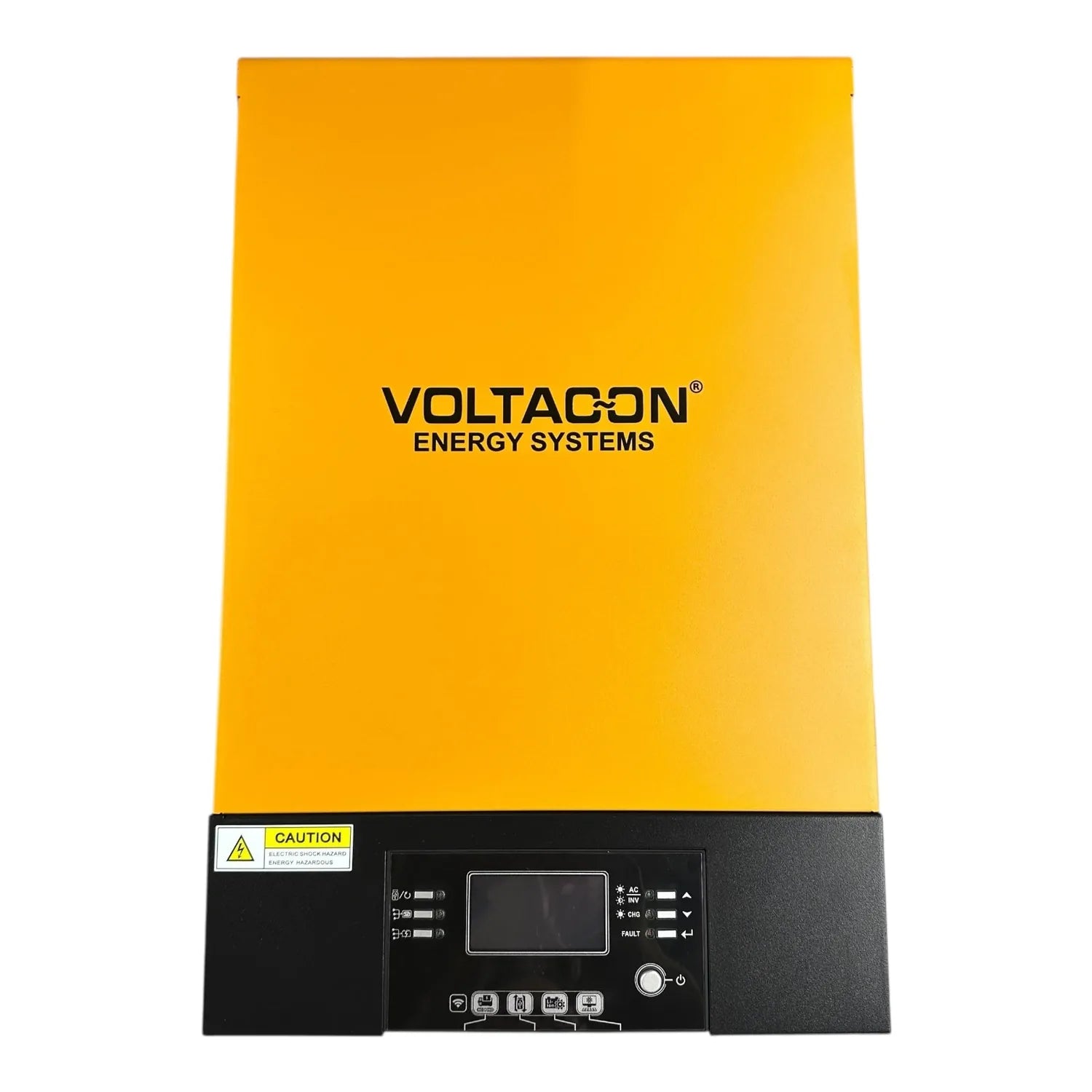Voltacon Energy Systems yellow and black solar inverter with digital display and control panel mounted on front face.