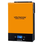 Voltacon Energy Systems wall-mounted inverter with orange front panel and black control interface featuring LCD display and b
