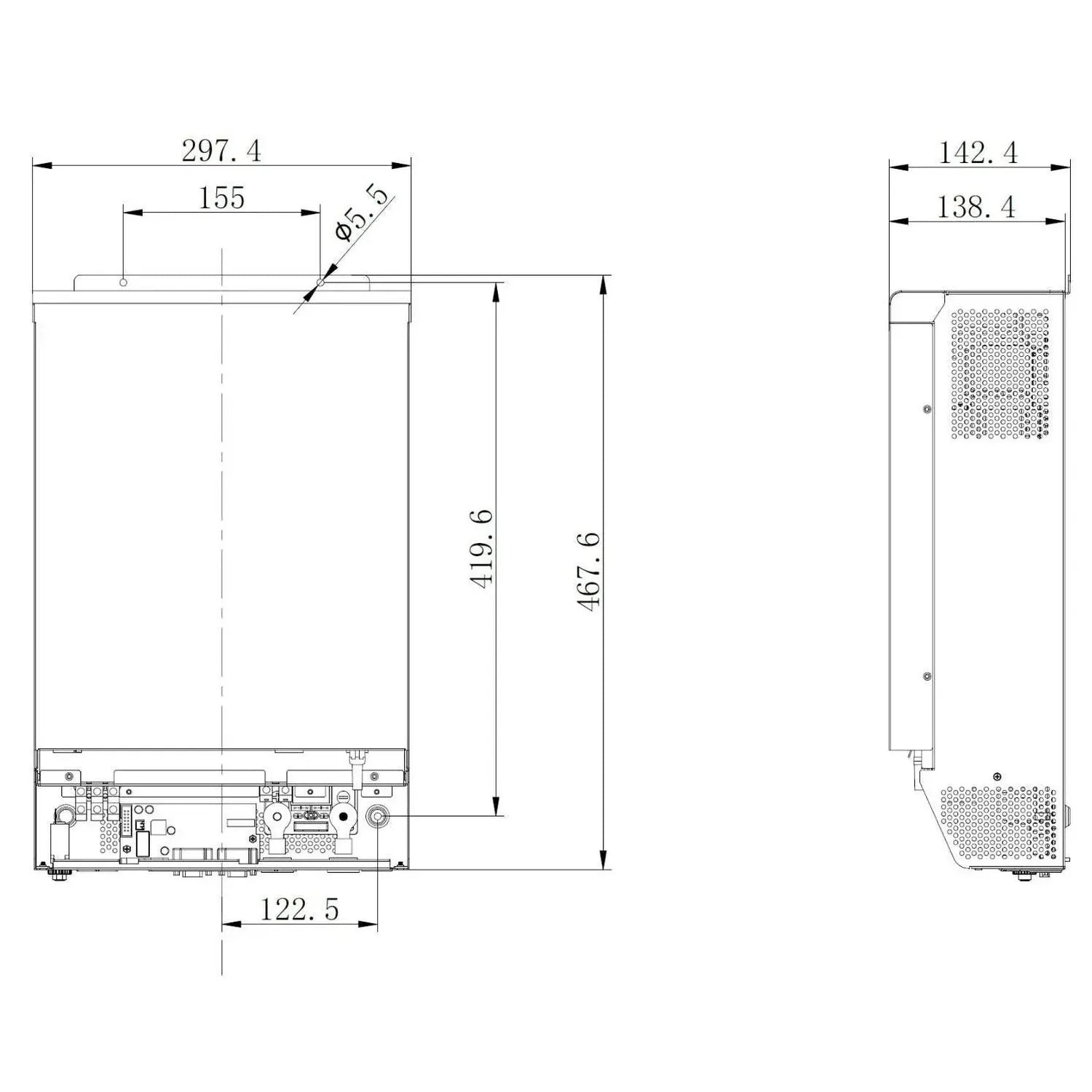 Technical dimensional diagram of a 5kW solar inverter charger showing front and side views with measurements in millimeters.