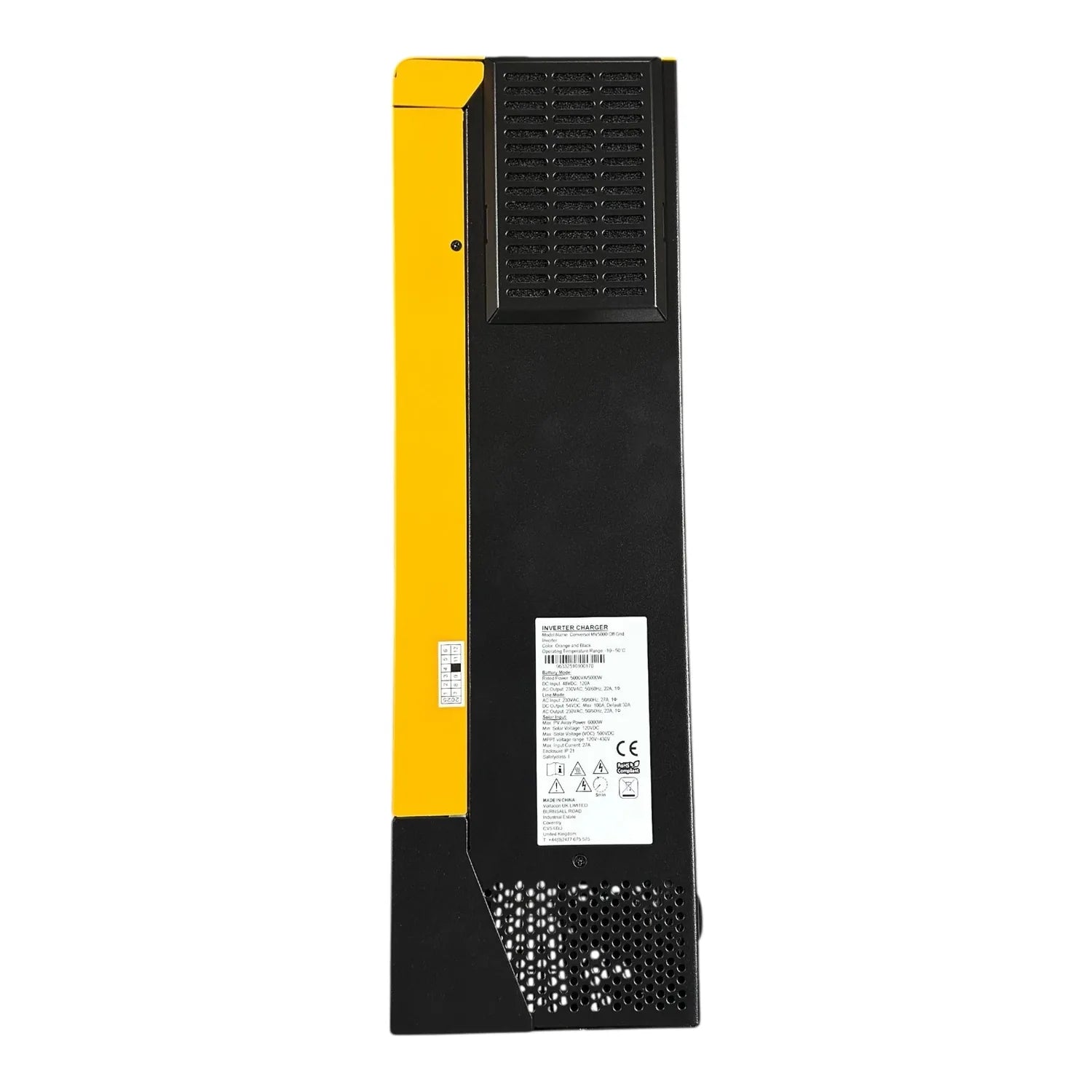 Refurbished Conversol 5kW off-grid solar inverter charger with yellow side panel and black casing, shown with specification l