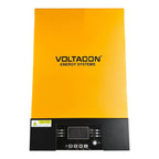 Voltacon Energy Systems yellow and black solar inverter with control panel, display screen, and indicator lights on front fac