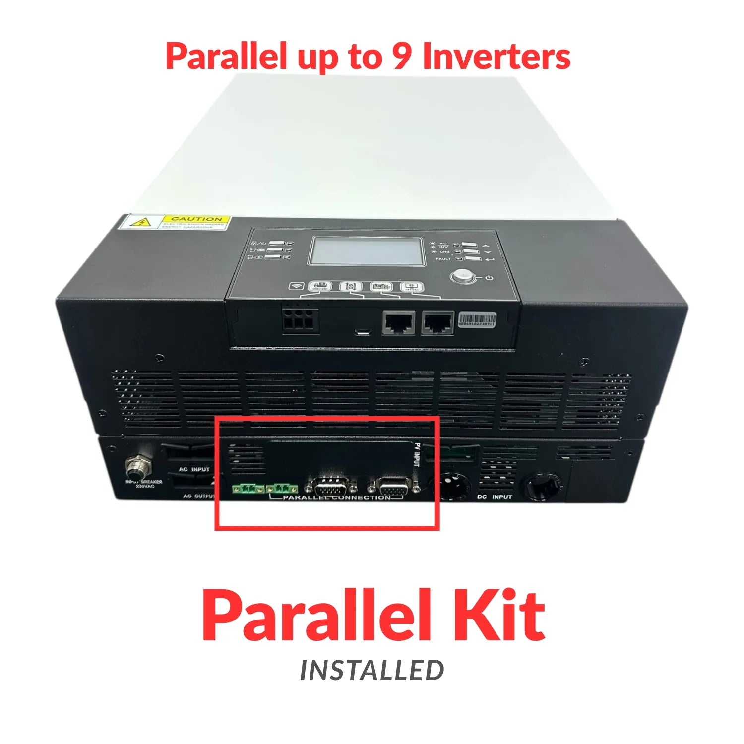 Refurbished Conversol 5kW solar inverter with parallel kit installed, showing connection ports on rear panel.