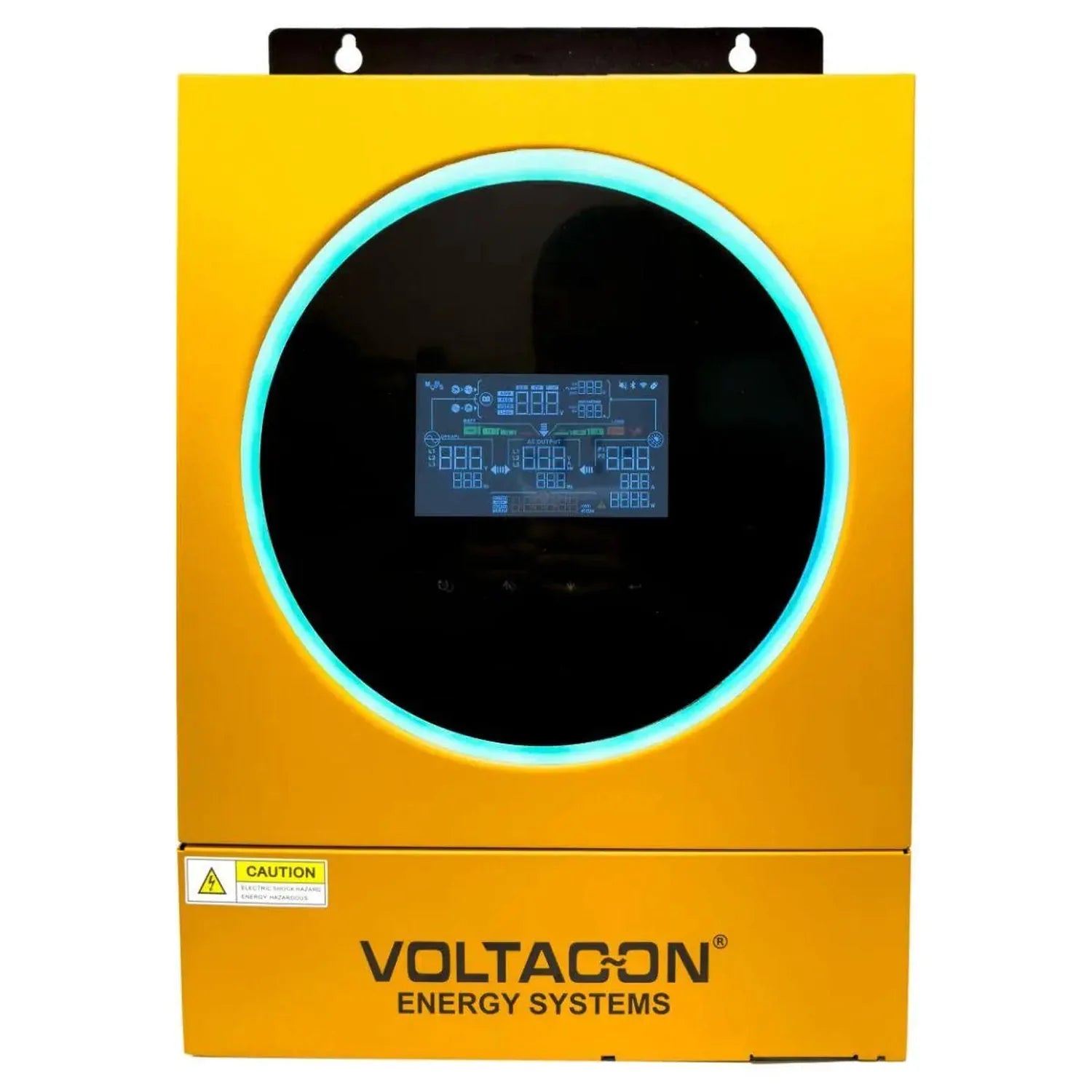Voltacon Energy Systems 5.6kW off-grid solar inverter charger with bright yellow casing, cyan ring accent, and digital displa