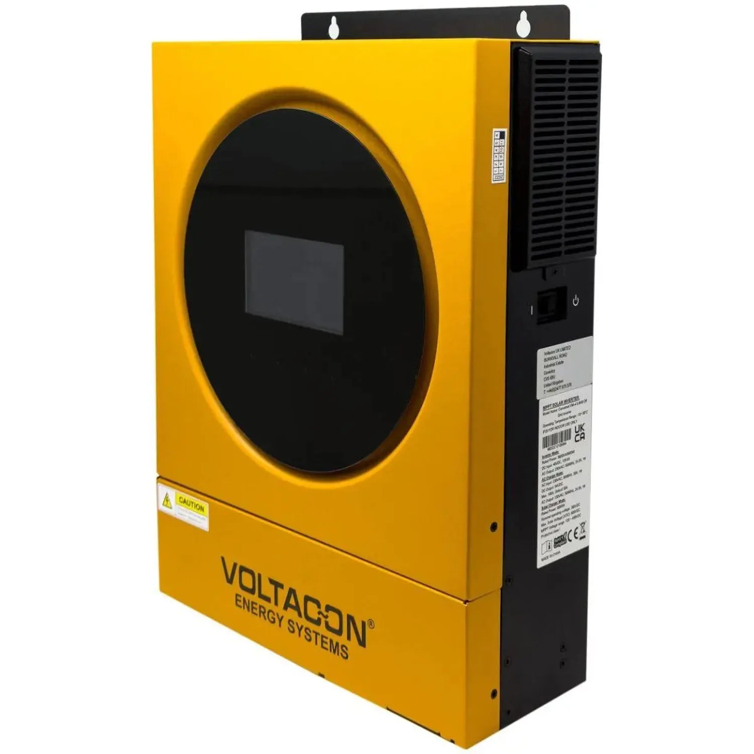 Voltacon Energy Systems 5.6kW off-grid solar inverter charger, yellow front panel with black circular display window, black c