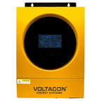 Voltacon Energy Systems 5.6kW solar inverter charger in bright yellow enclosure with digital display panel visible through ci