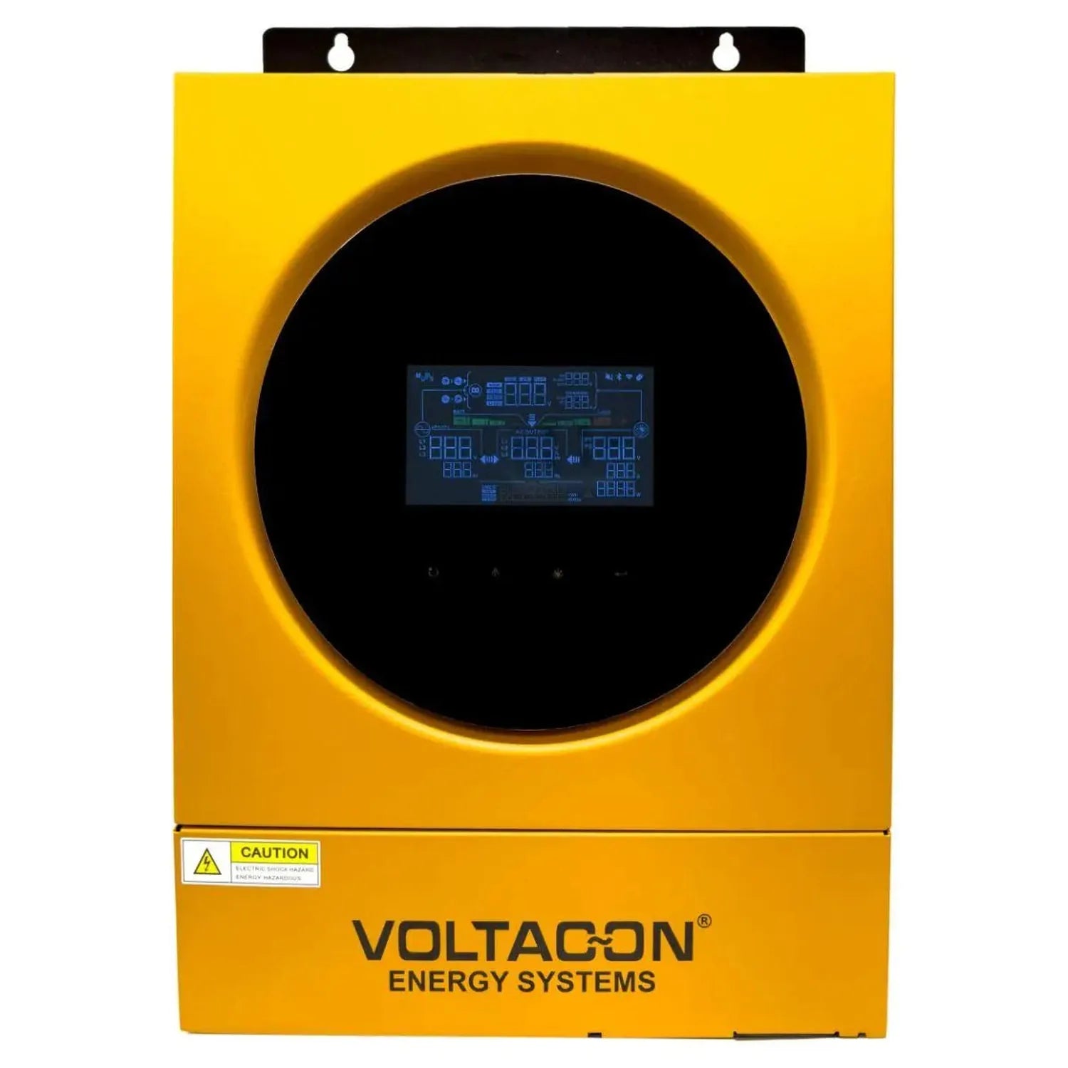Voltacon Energy Systems 5.6kW solar inverter charger in bright yellow enclosure with digital display panel visible through ci
