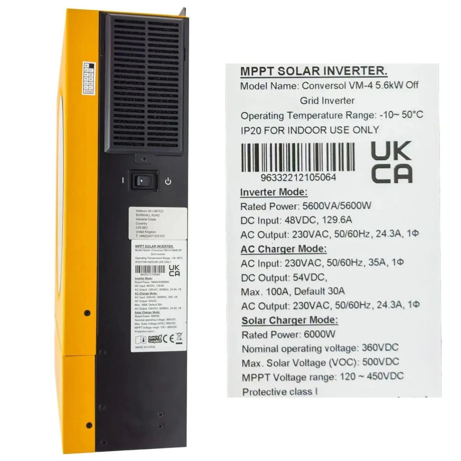 Yellow and black MPPT solar inverter with specifications label showing Conversol VM-4 5.6kW Off Grid model details and certif
