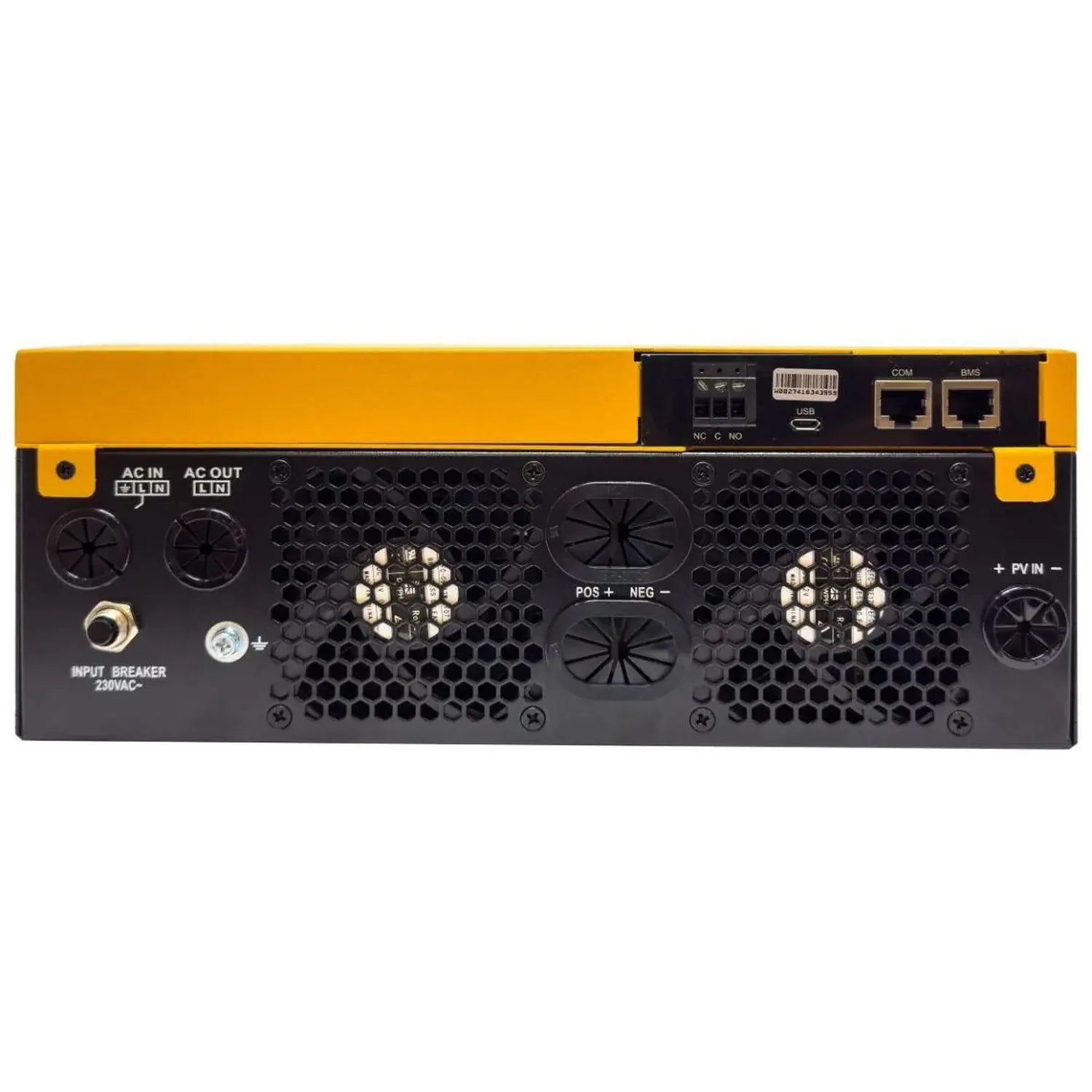 Rear panel of solar inverter showing cooling fans, input/output terminals, AC connectors, USB port, and network connections o