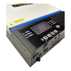 White and blue off-grid solar inverter with black control panel featuring touchscreen display, buttons, and caution label.