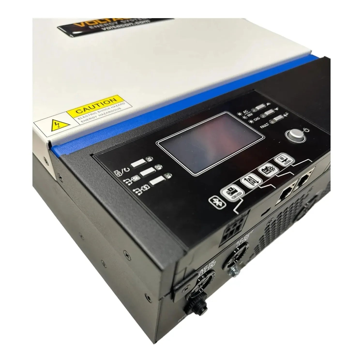 White and blue off-grid solar inverter with black control panel featuring touchscreen display, buttons, and caution label.