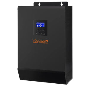 Voltacon 5kW power conversion inverter with blue LCD display and control buttons, wall-mounted installation shot.