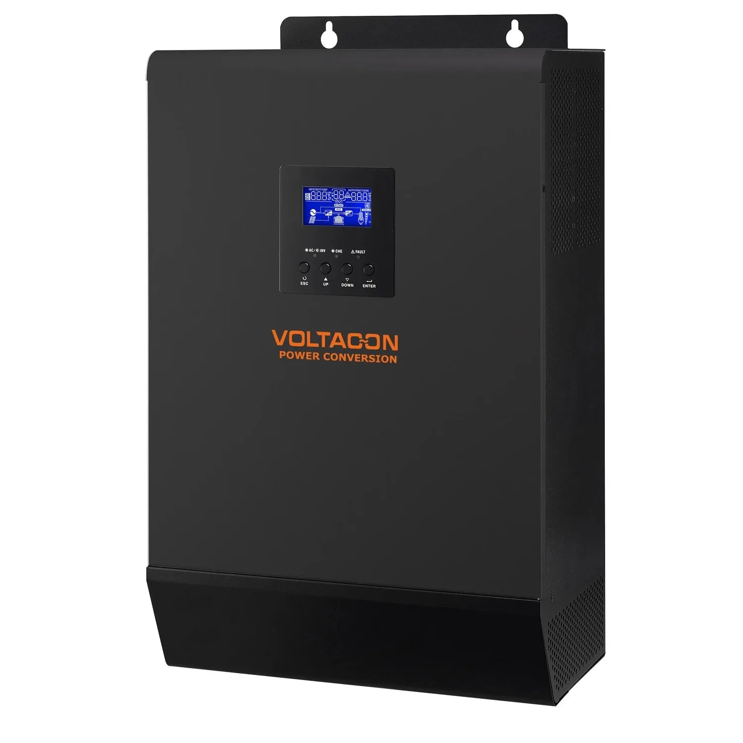 Voltacon 5kW power conversion inverter with blue LCD display and control buttons, wall-mounted installation shot.