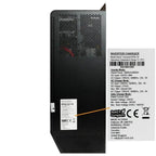 Black rectangular inverter charger with perforated metal venting and specification label, shown with enlarged product informa