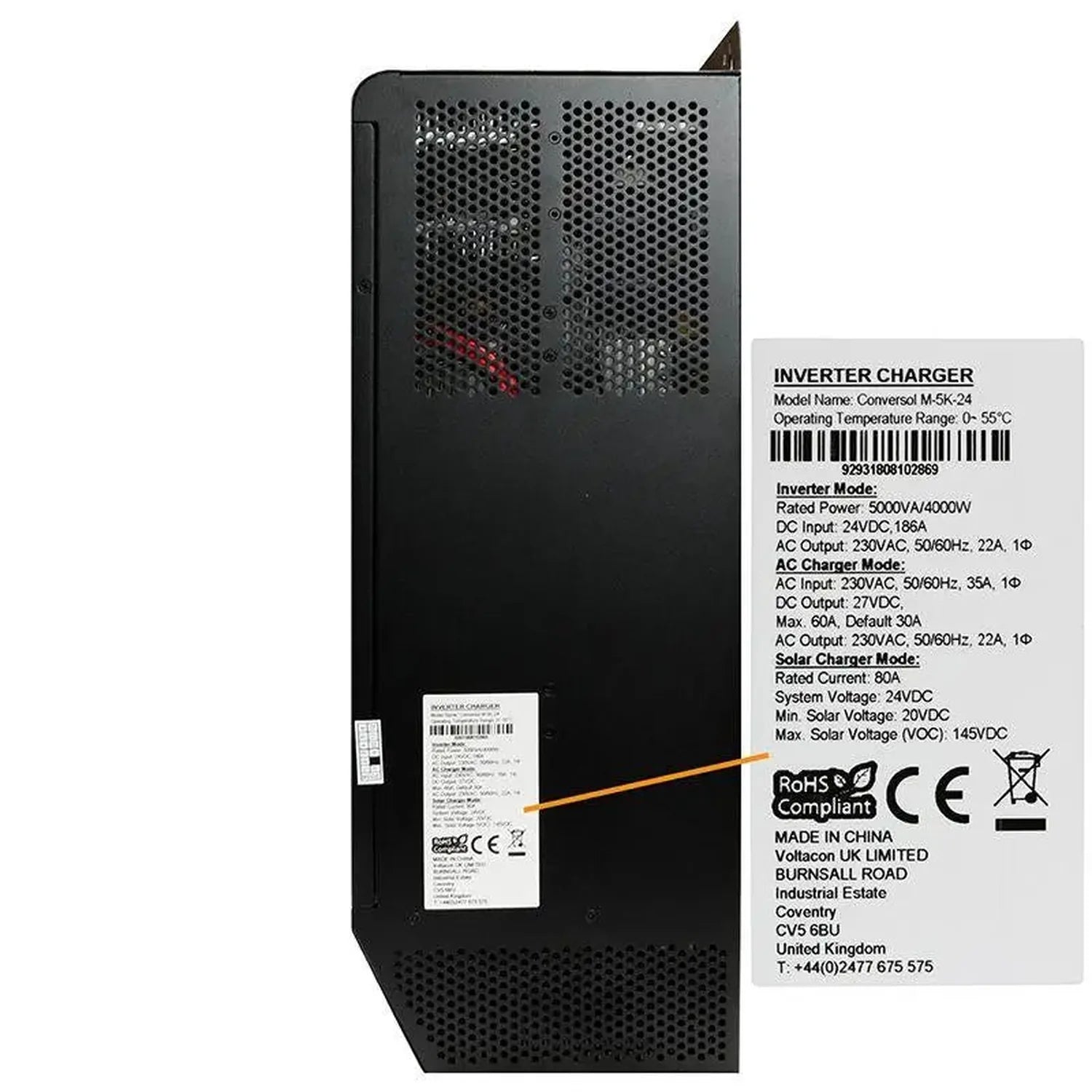 Black rectangular inverter charger with perforated metal venting and specification label, shown with enlarged product informa
