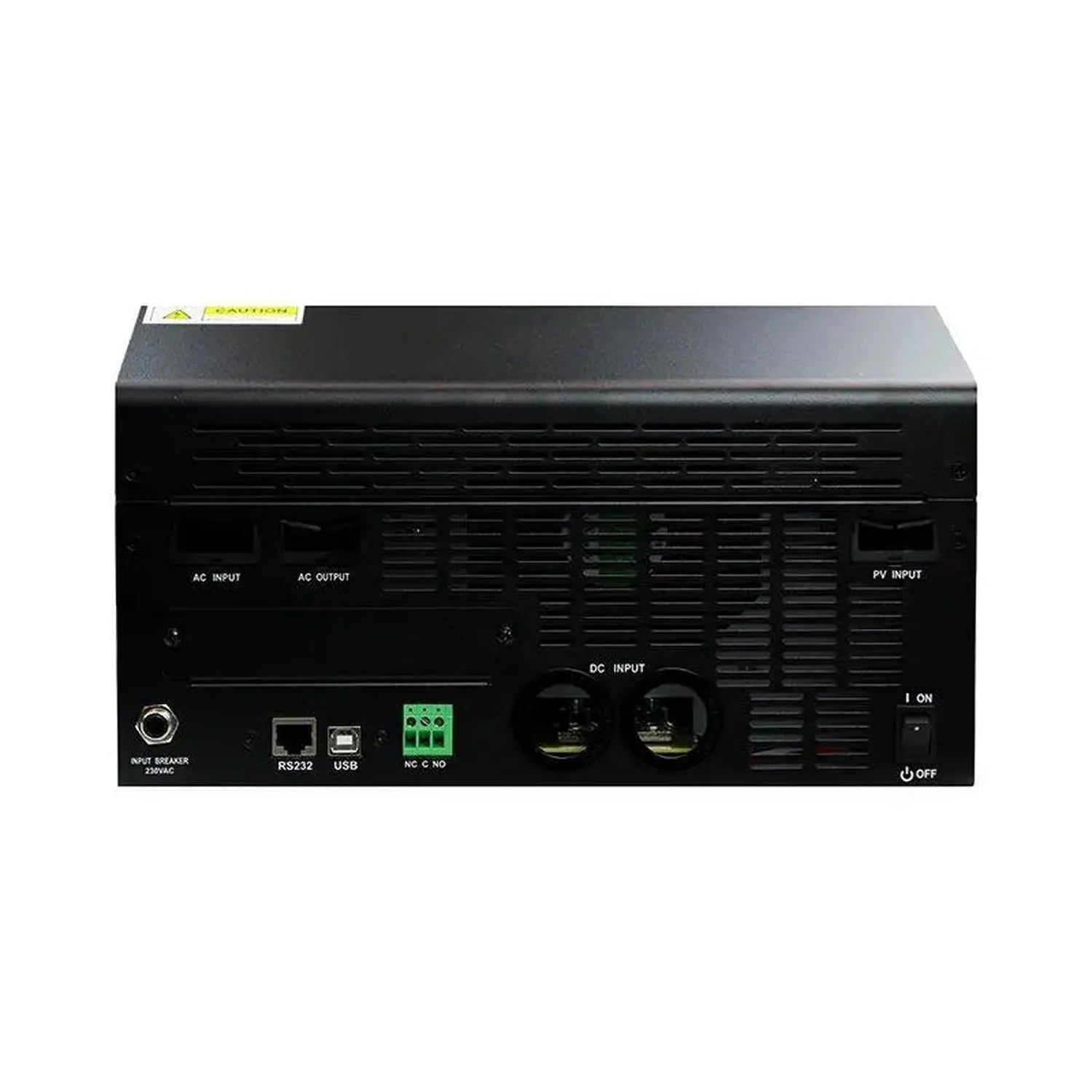 Rear panel of black solar inverter showing AC input/output ports, PV input terminals, DC input connectors, RS232 and USB port