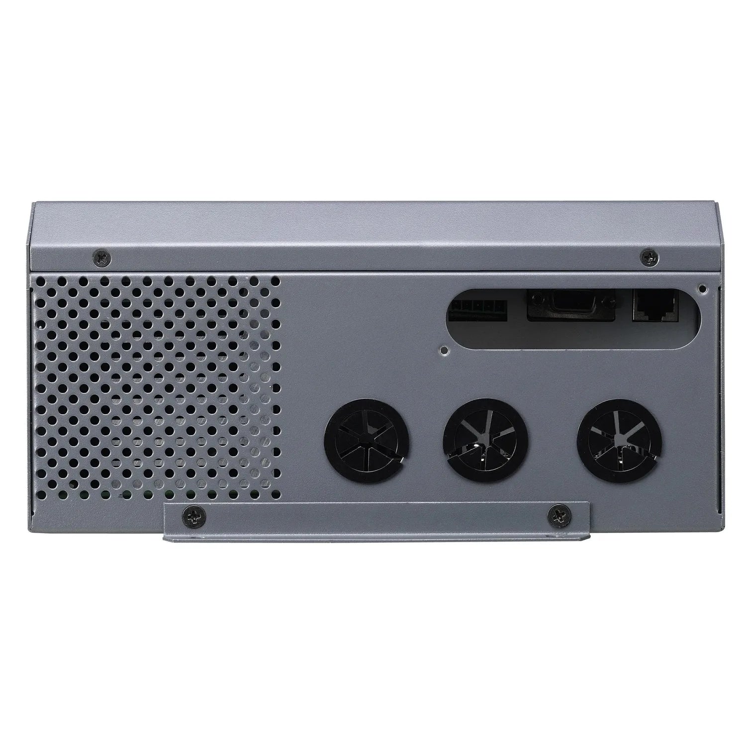 Gray metal inverter with perforated left panel, three black fan vents on right side, and connector ports visible at top.