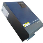Blue and gray solar motor driver inverter with control panel, warning label, and product specifications mounted on angled sta