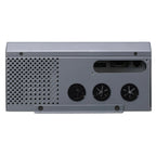 Gray metal inverter with perforated left panel, three black cooling fans on right side, and connector ports on top panel.