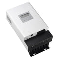 White and black MPPT solar charge controller with LCD display and multiple terminals mounted on metal heatsink base.