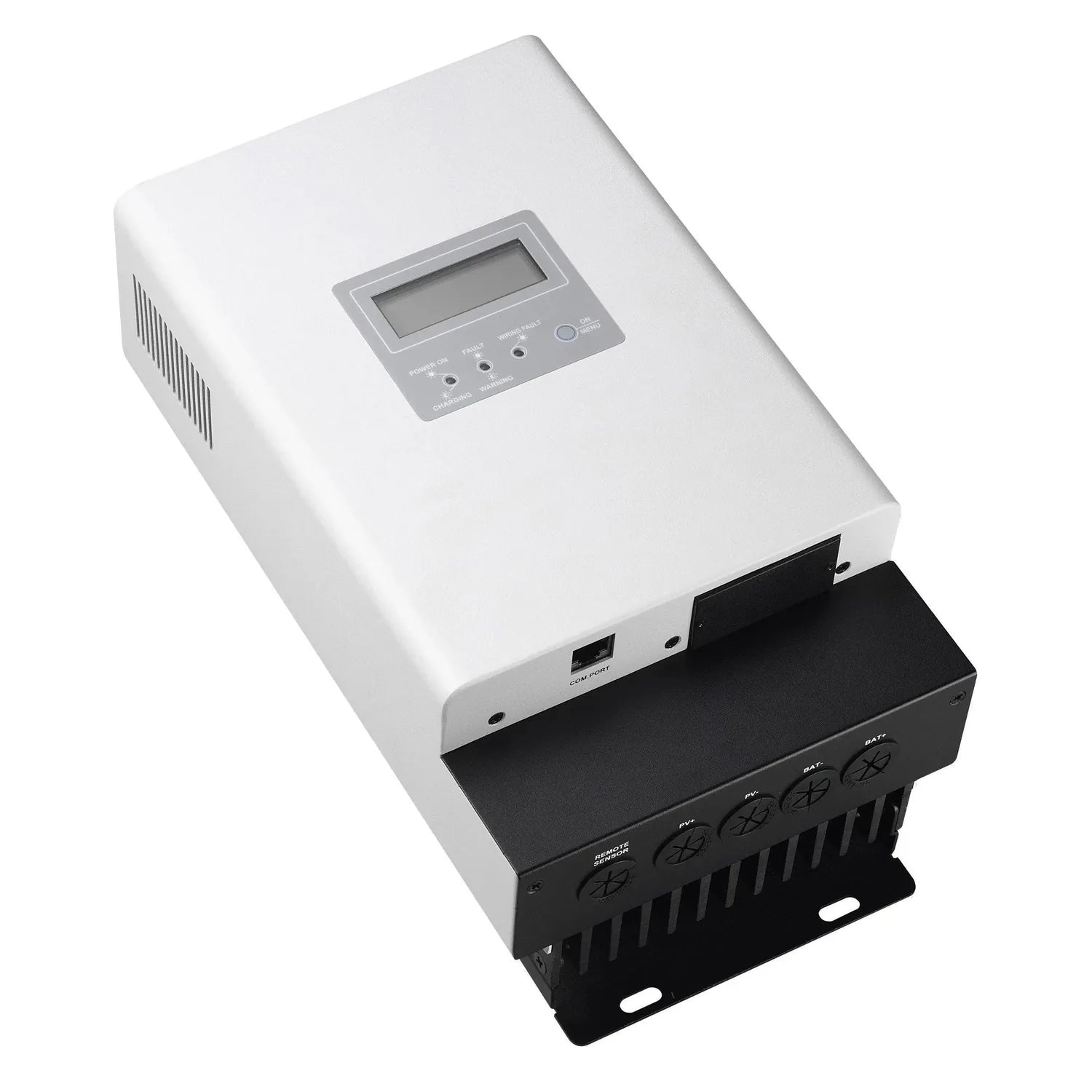 White and black MPPT solar charge controller with LCD display and multiple terminals mounted on metal heatsink base.