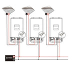 Wiring diagram showing three solar panels connected in parallel to battery bank via MPPT charge controllers with digital disp