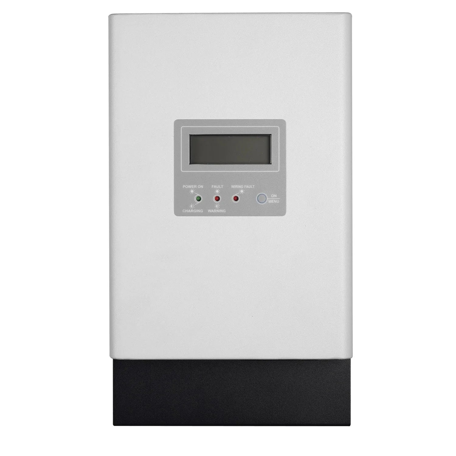 White MPPT solar charge controller with digital display showing power, fault, and wiring fault indicators, plus charging and 